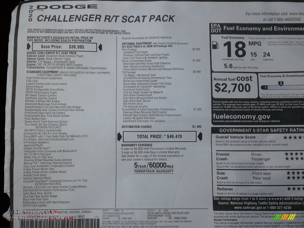 2020 Challenger R/T Scat Pack - Sinamon Stick / Black photo #26