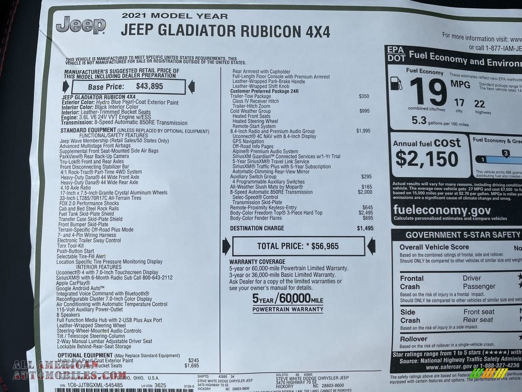 2021 Gladiator Rubicon 4x4 - Hydro Blue Pearl / Black photo #30