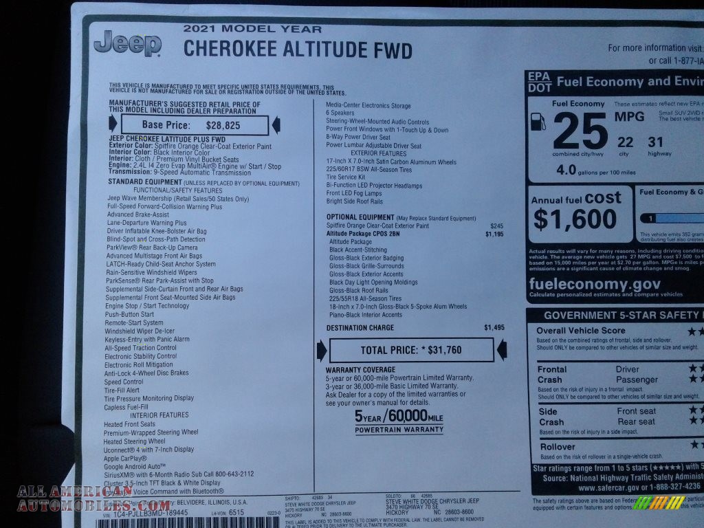 2021 Cherokee Altitude - Spitfire Orange / Black photo #30
