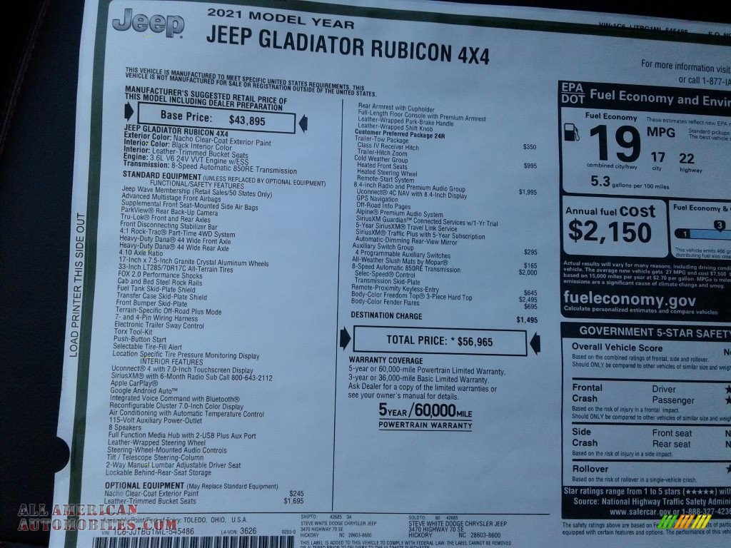 2021 Gladiator Rubicon 4x4 - Nacho / Black photo #30