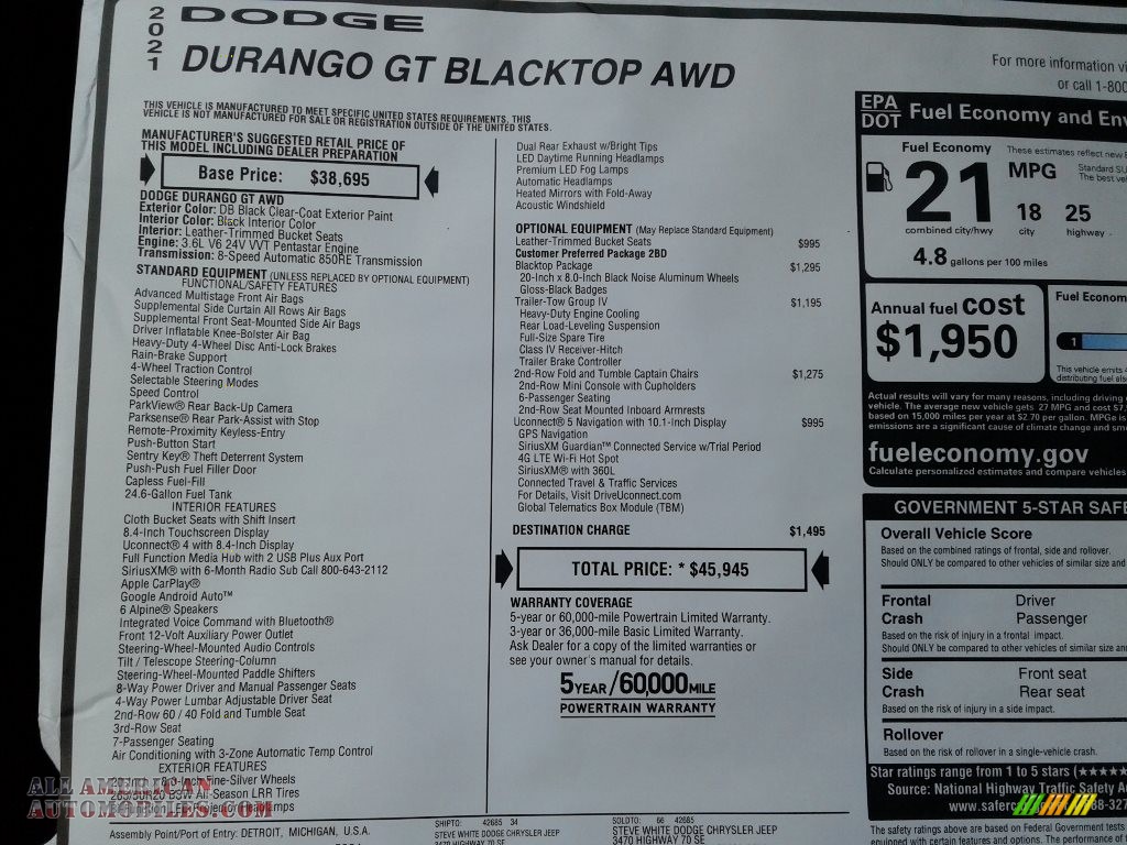 2021 Durango GT AWD - DB Black / Black photo #26