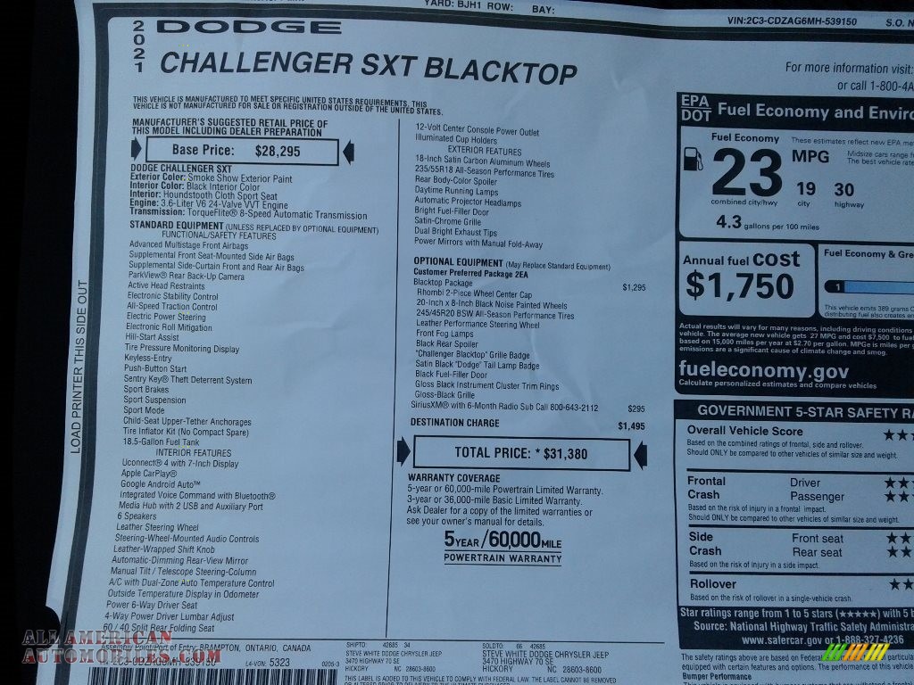 2021 Challenger SXT - Smoke Show / Black photo #25