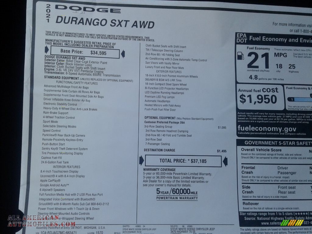 2021 Durango SXT AWD - Billet Silver Metallic / Black photo #27