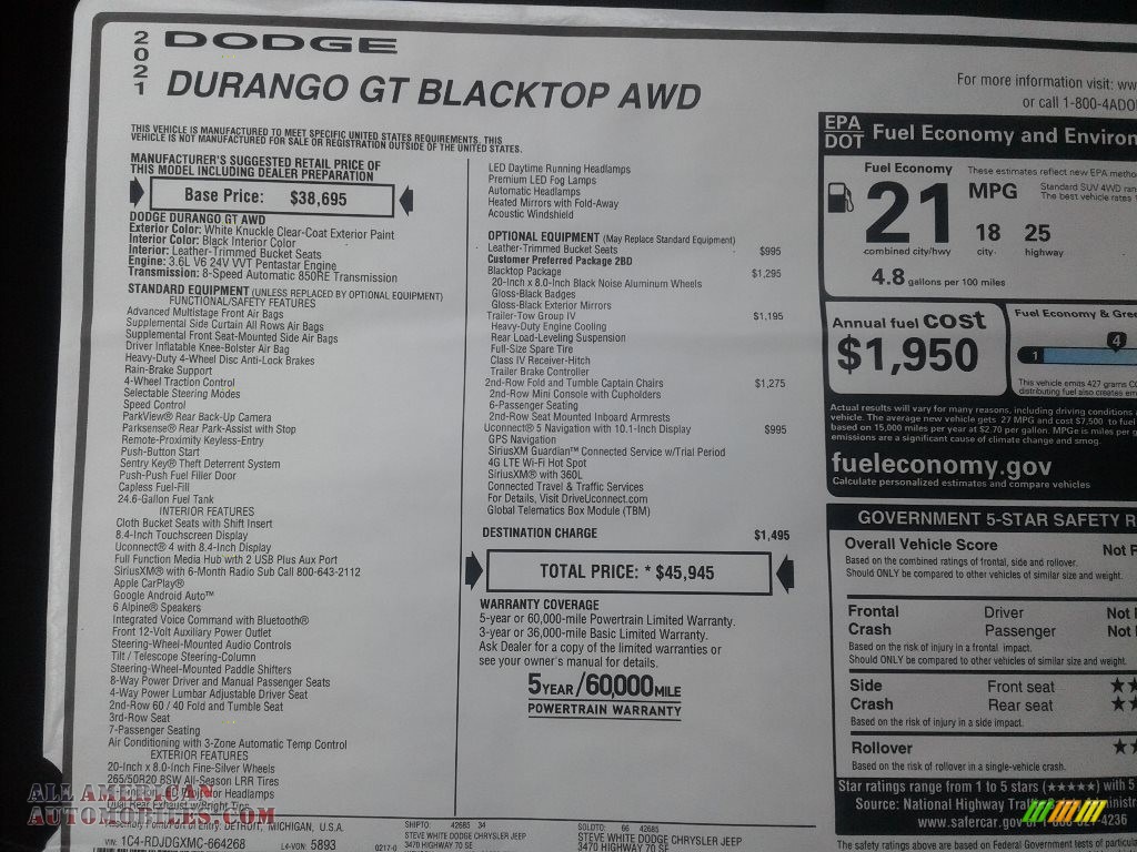 2021 Durango GT AWD - White Knuckle / Black photo #26