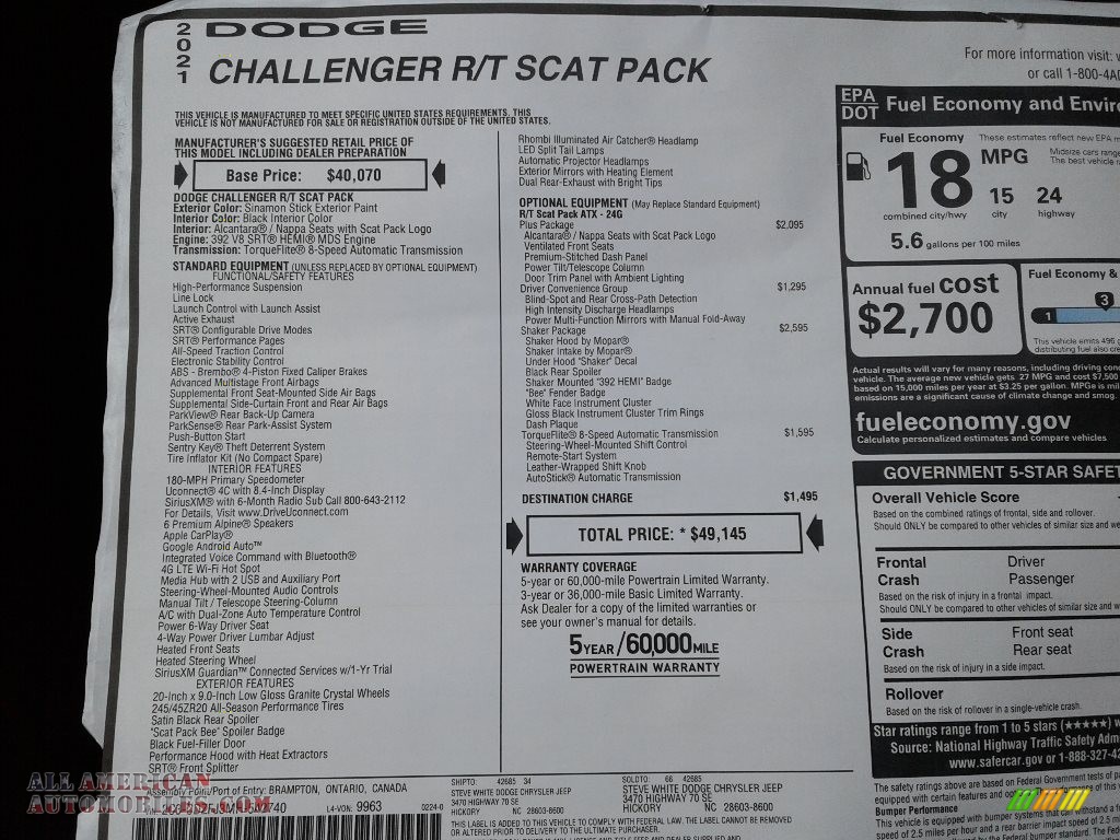 2021 Challenger R/T Scat Pack Shaker - Sinamon Stick / Black photo #26
