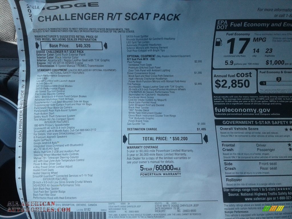 2021 Challenger R/T Scat Pack - Gold Rush / Black photo #26