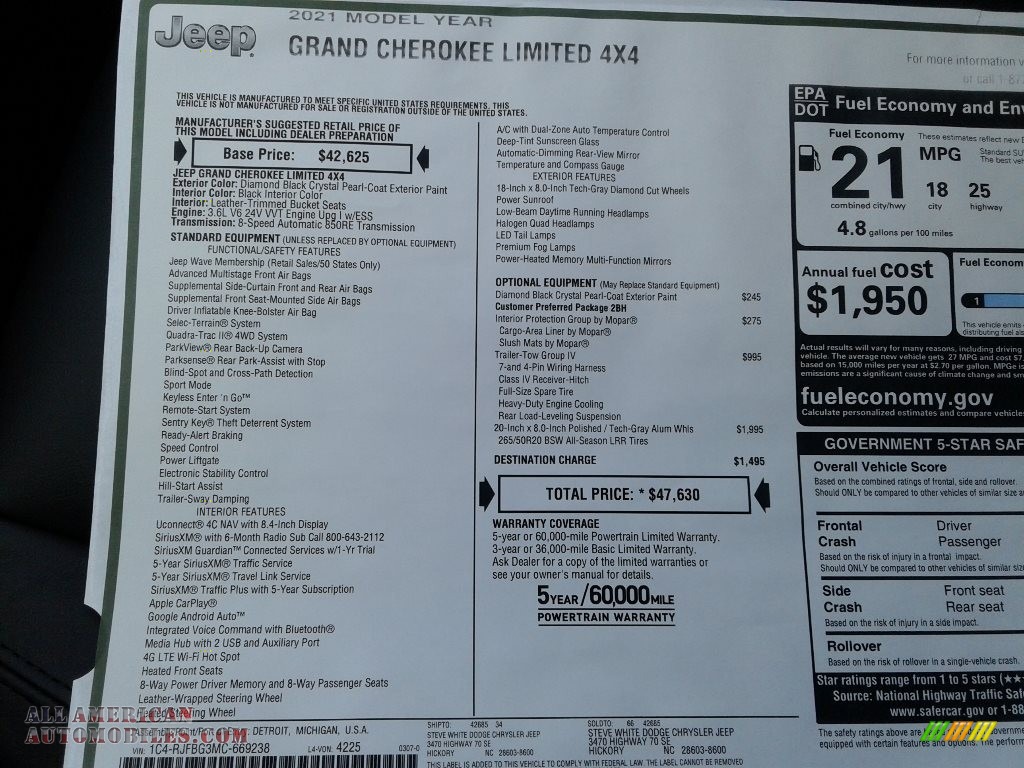 2021 Grand Cherokee Limited 4x4 - Diamond Black Crystal Pearl / Black photo #32