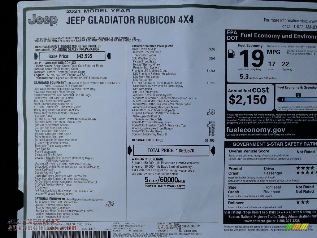 2021 Gladiator Rubicon 4x4 - Sarge Green / Black photo #30
