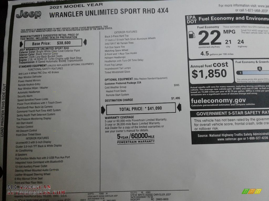 2021 Wrangler Unlimited Sport 4x4 Right Hand Drive - Bright White / Black photo #27