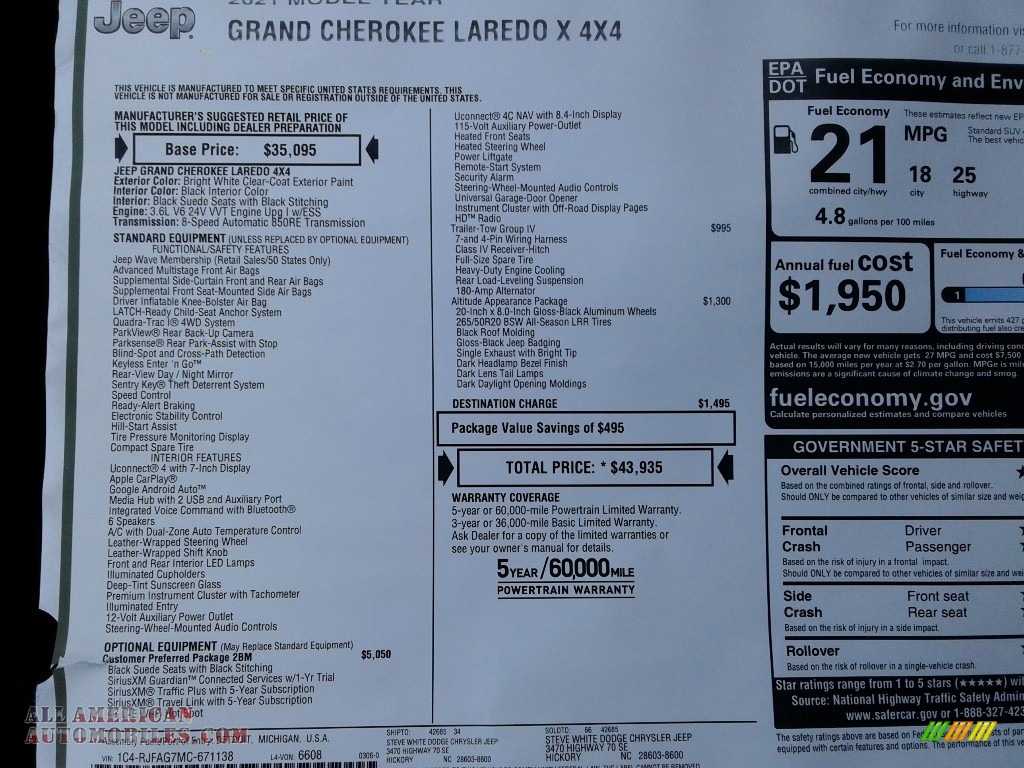 2021 Grand Cherokee Laredo 4x4 - Bright White / Black photo #30