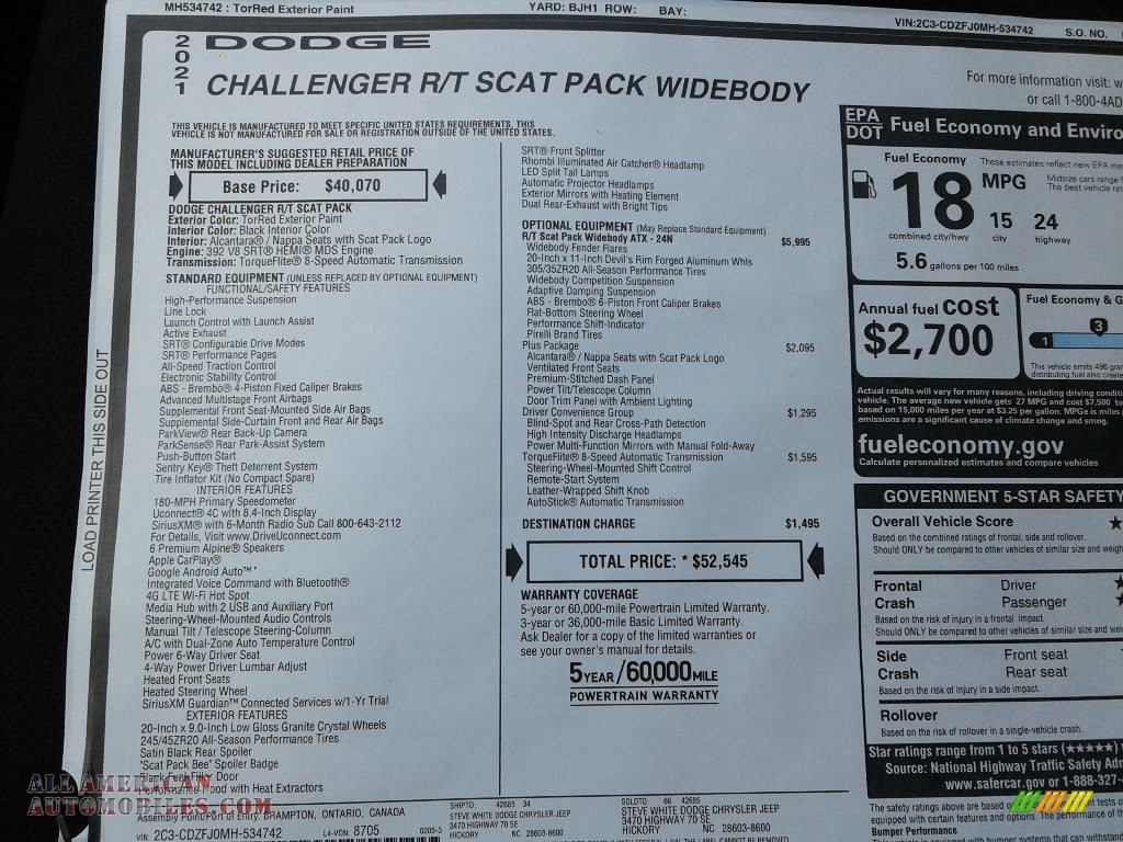 2021 Challenger R/T Scat Pack Widebody - Torred / Black photo #26