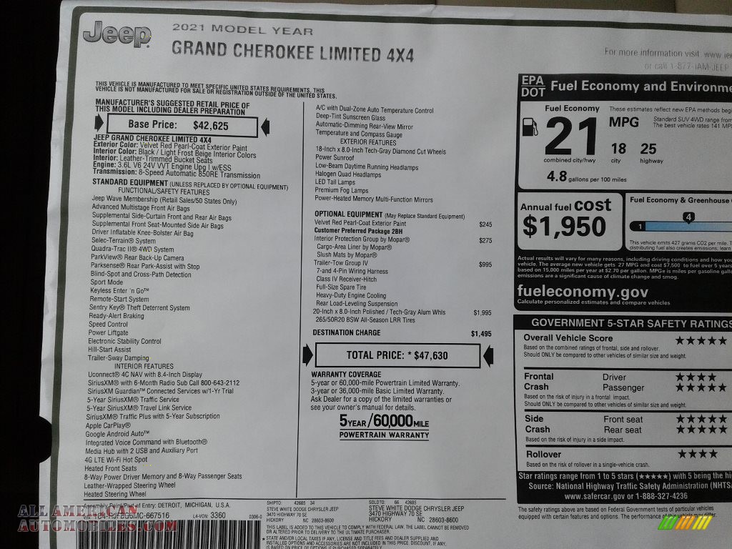 2021 Grand Cherokee Limited 4x4 - Velvet Red Pearl / Light Frost Beige/Black photo #32