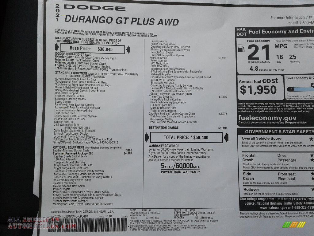2021 Durango GT AWD - Granite Metallic / Black photo #32