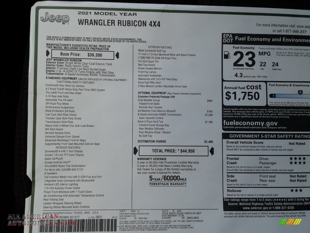 2021 Wrangler Rubicon 4x4 - Bright White / Black photo #27