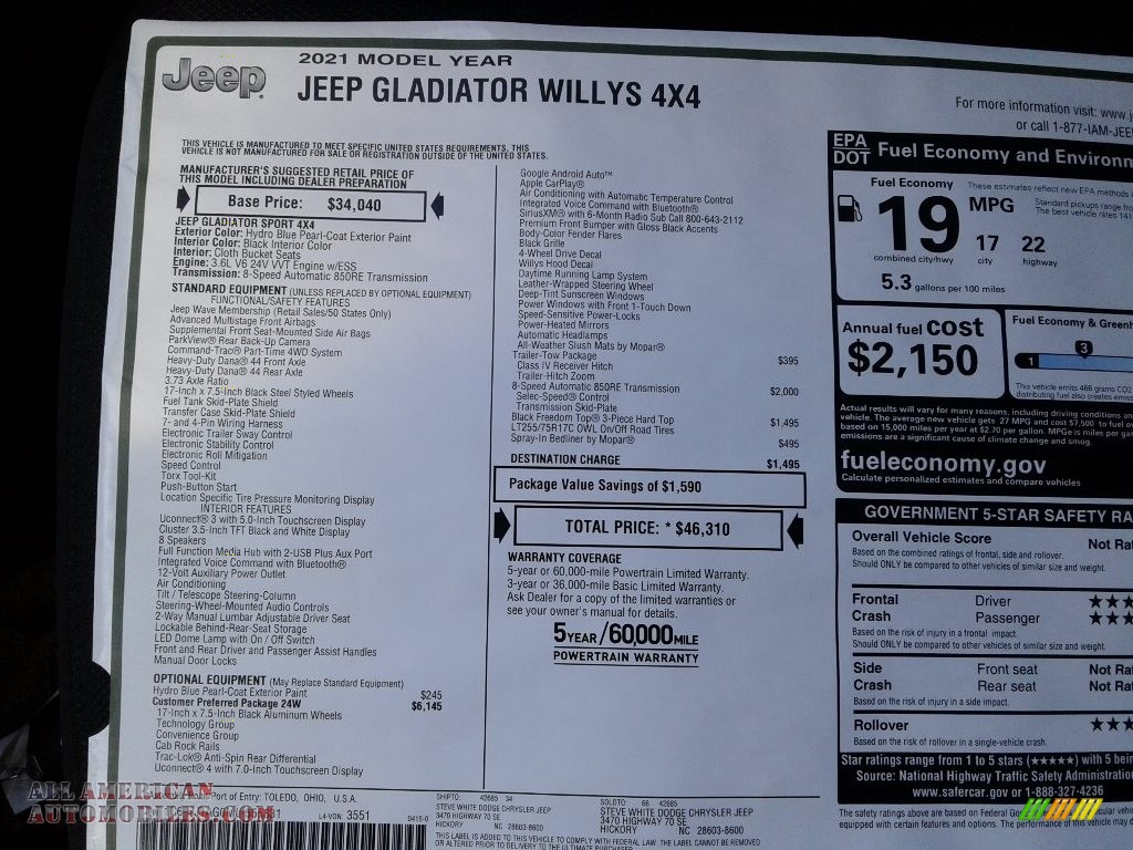2021 Gladiator Willys 4x4 - Hydro Blue Pearl / Black photo #27