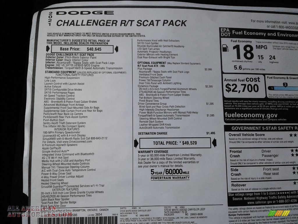 2021 Challenger R/T Scat Pack - Pitch Black / Black photo #26