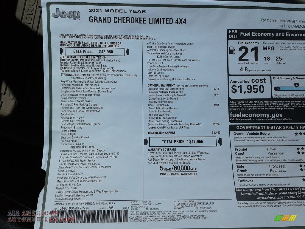 2021 Grand Cherokee Limited 4x4 - Slate Blue Pearl / Black photo #32