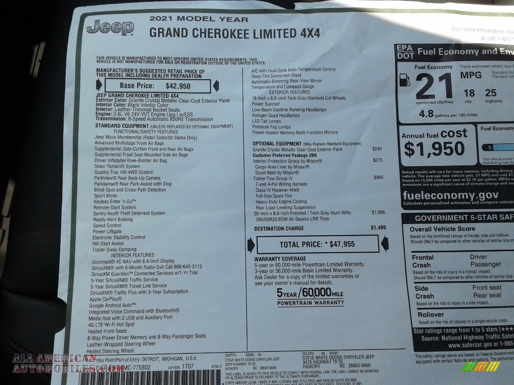2021 Grand Cherokee Limited 4x4 - Granite Crystal Metallic / Black photo #32