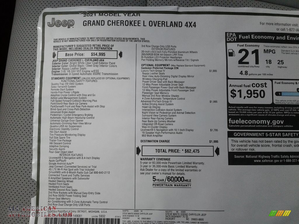 2021 Grand Cherokee L Overland 4x4 - Bright White / Global Black/Steel Gray photo #40