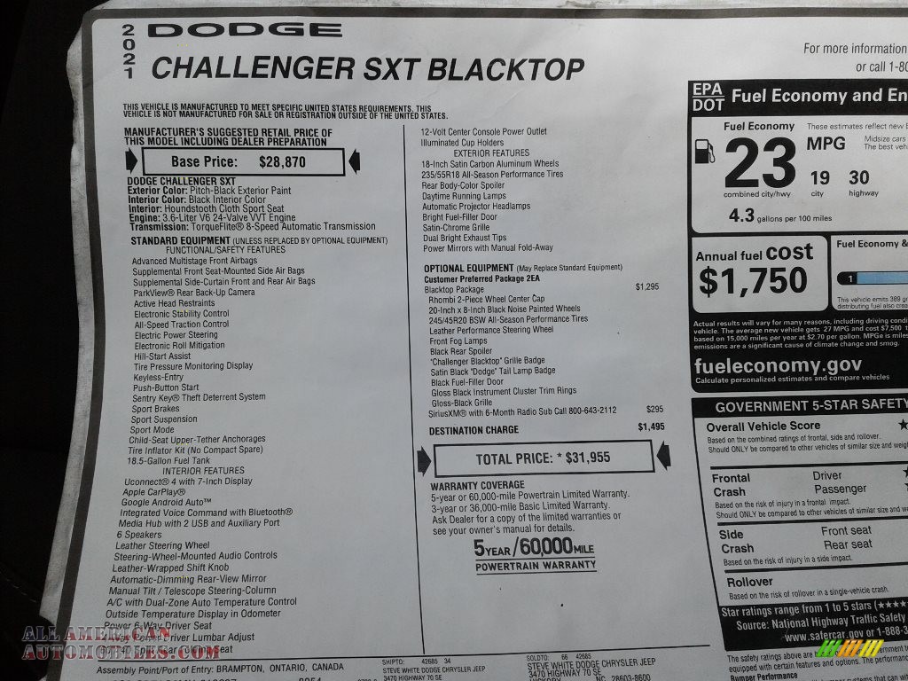 2021 Challenger SXT - Pitch Black / Black photo #25