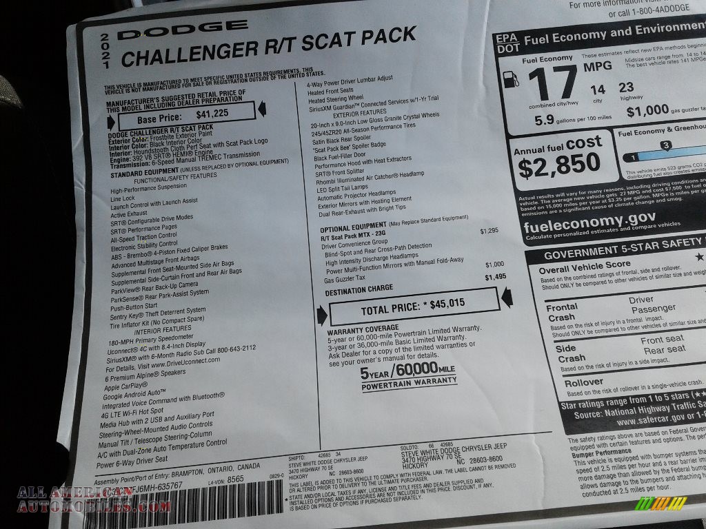 2021 Challenger R/T Scat Pack - Frostbite / Black photo #25