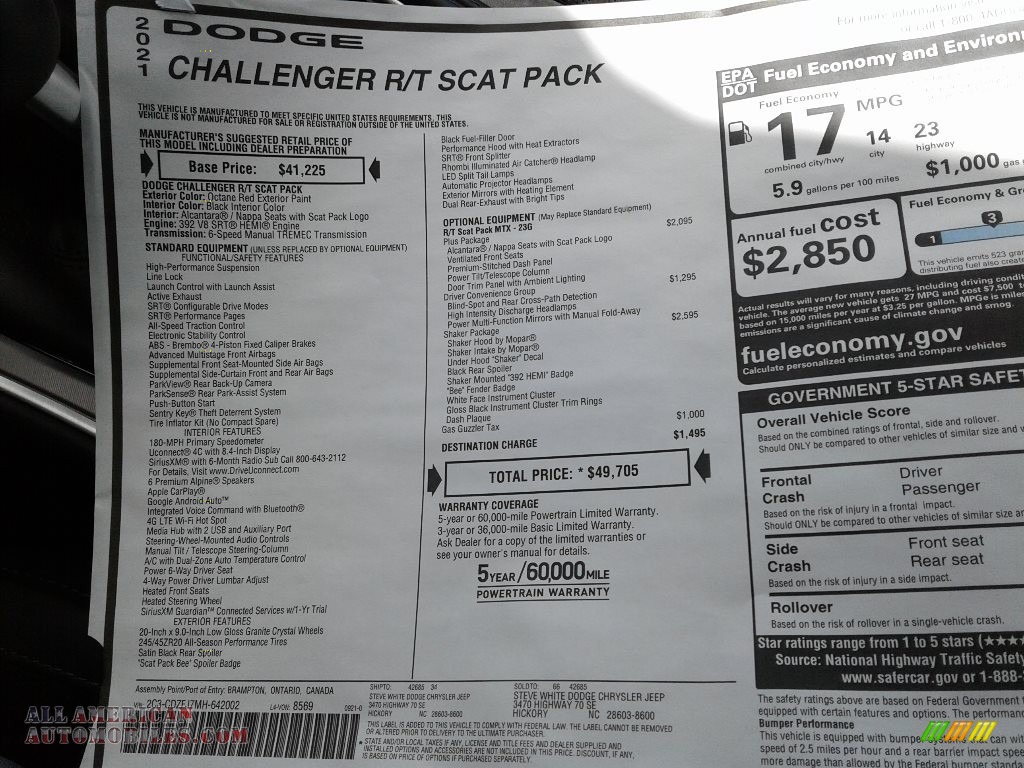 2021 Challenger R/T Scat Pack Shaker - Octane Red Pearl / Black photo #26