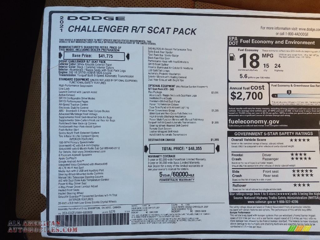 2021 Challenger R/T Scat Pack - White Knuckle / Black/Caramel photo #26