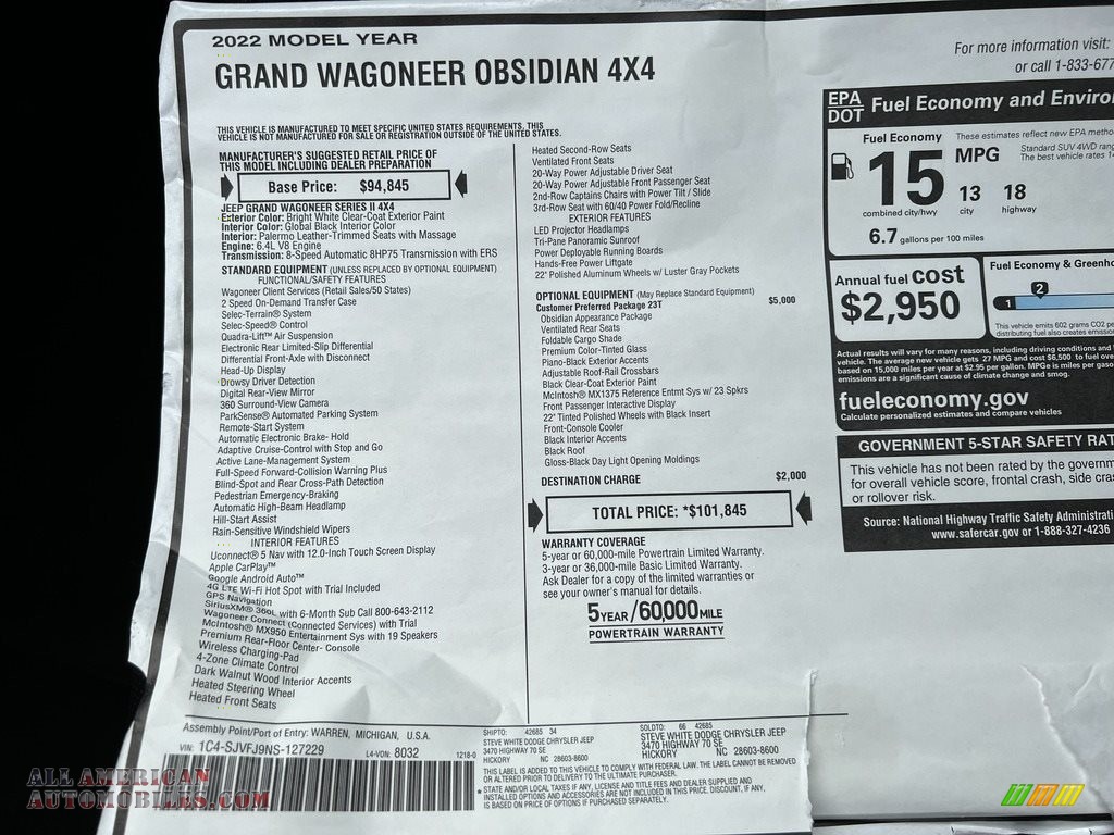 2022 Grand Wagoneer Obsidian 4x4 - Bright white / Global Black photo #56