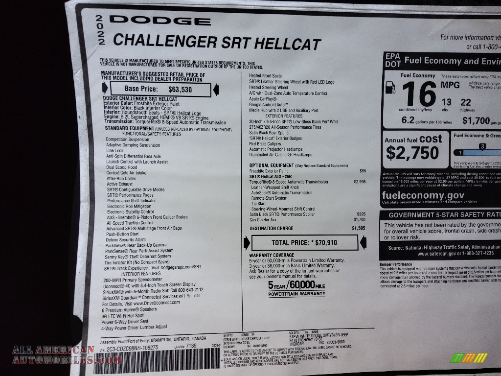 2022 Challenger SRT Hellcat - Frostbite / Black photo #27