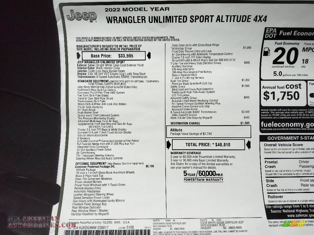 2022 Wrangler Unlimited Sport Altitude 4x4 - Bright White / Black photo #23