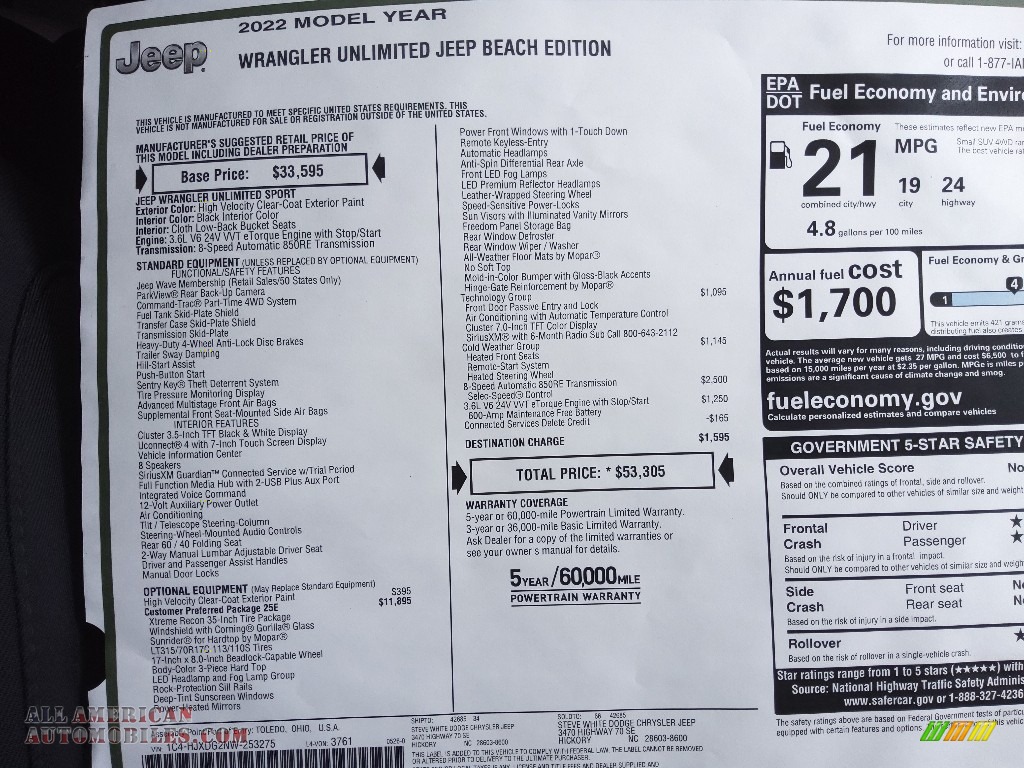 2022 Wrangler Unlimited Beach Edition 4x4 - High Velocity / Black photo #25