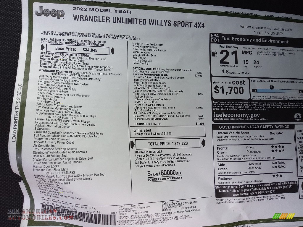 2022 Wrangler Unlimited Willys Sport 4x4 - Hydro Blue Pearl / Black photo #24