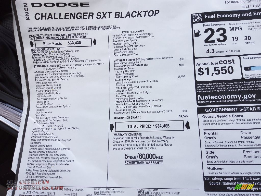 2022 Challenger SXT Blacktop - Smoke Show / Black photo #23