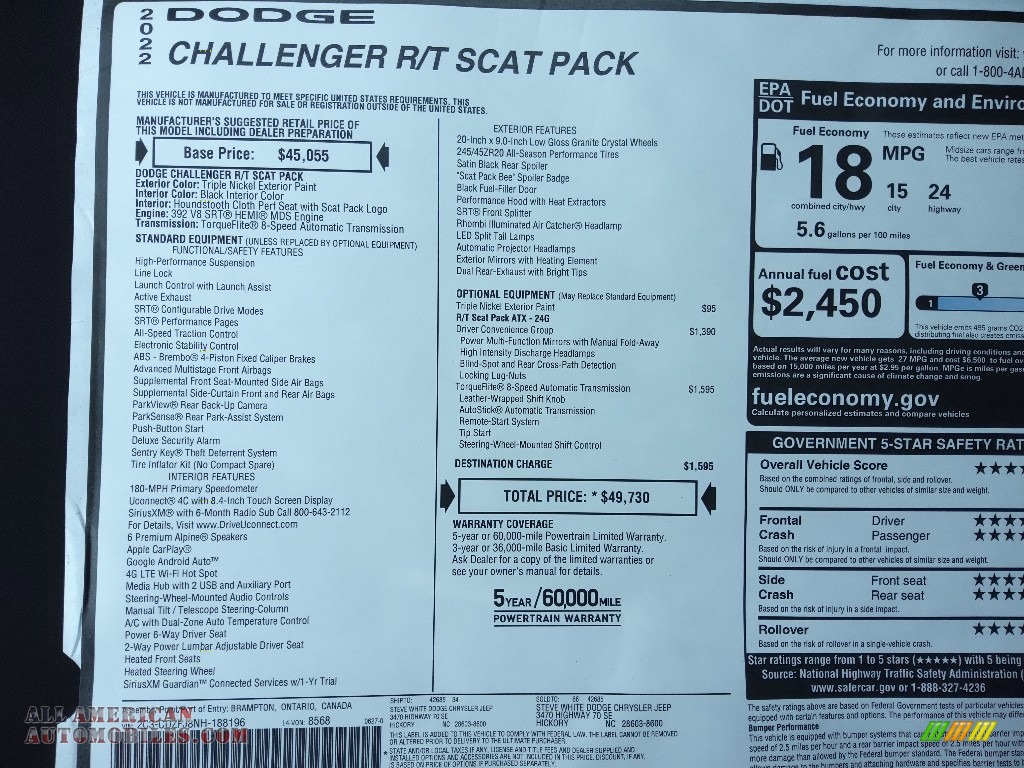 2022 Challenger R/T Scat Pack - Triple Nickel / Black photo #26