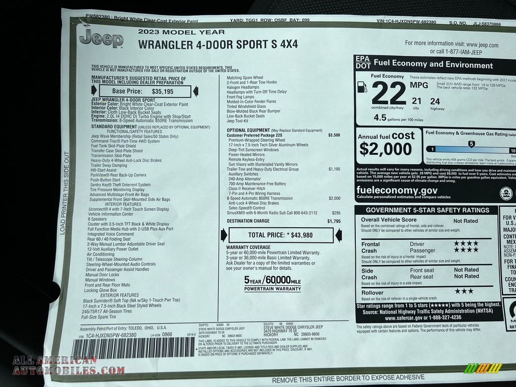 2023 Wrangler Unlimited Sport 4x4 - Bright White / Black photo #25