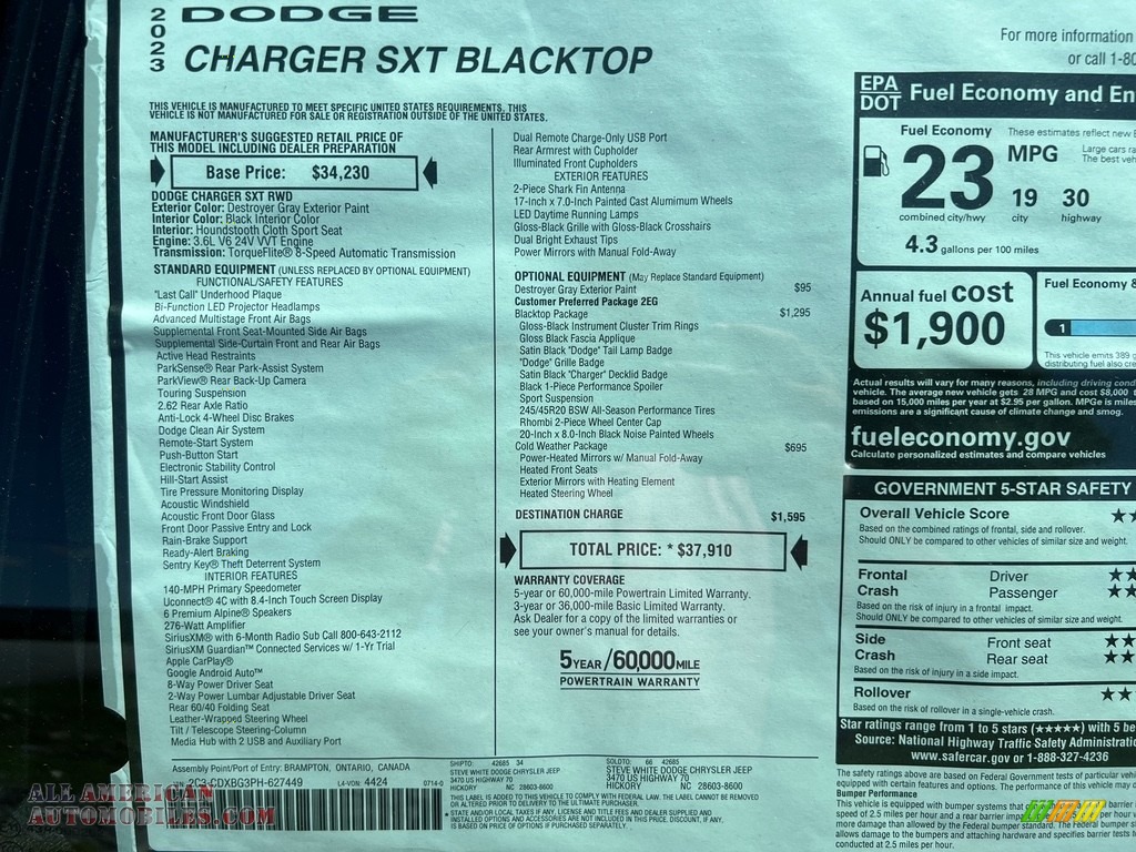 2023 Charger SXT Blacktop - Destroyer Gray / Black photo #27