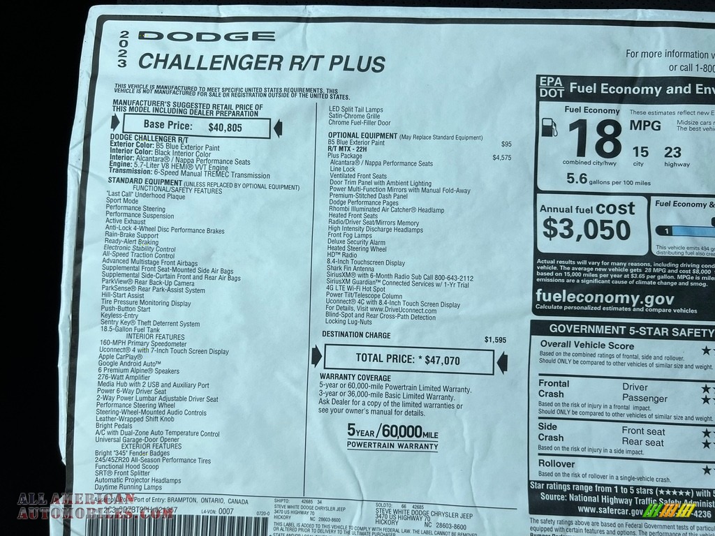 2023 Challenger R/T Plus - B5 Blue Pearl / Black photo #25