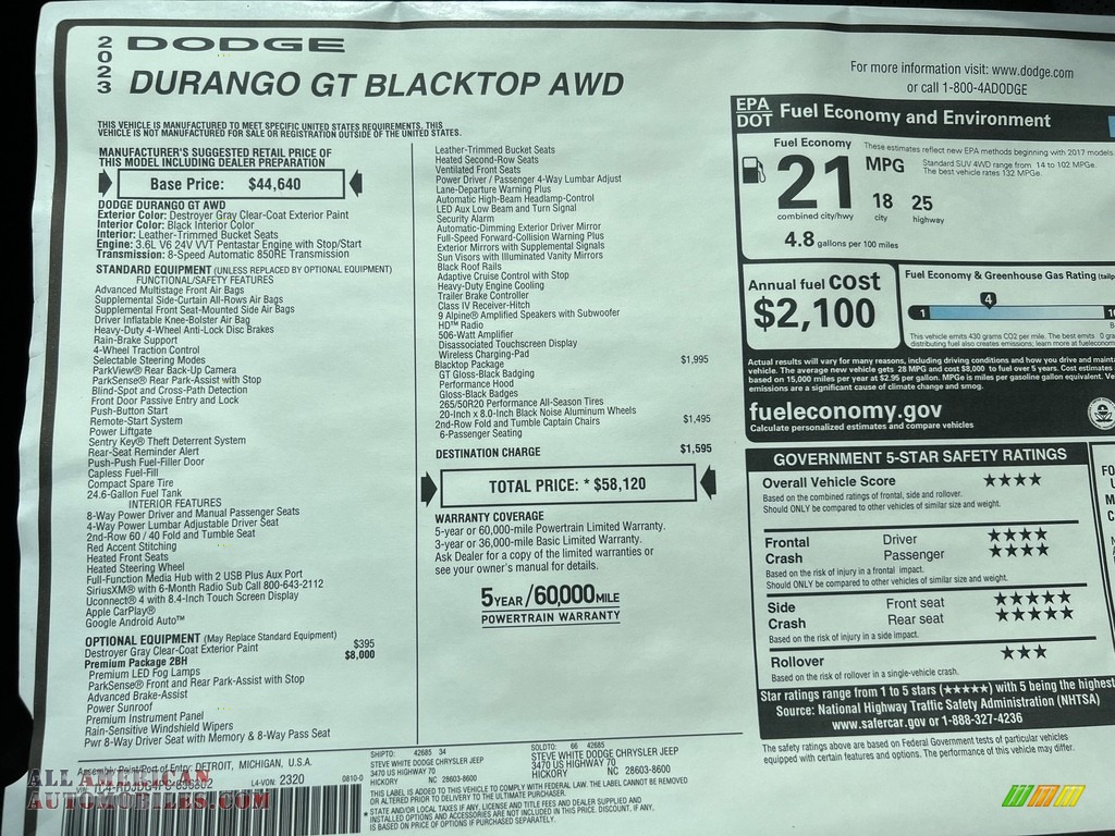 2023 Durango GT Blacktop AWD - Destroyer Gray / Black photo #32
