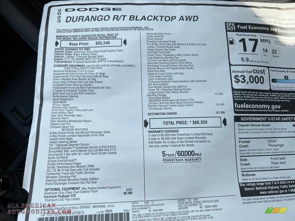 2023 Durango R/T Blacktop AWD - Destroyer Gray / Black photo #31