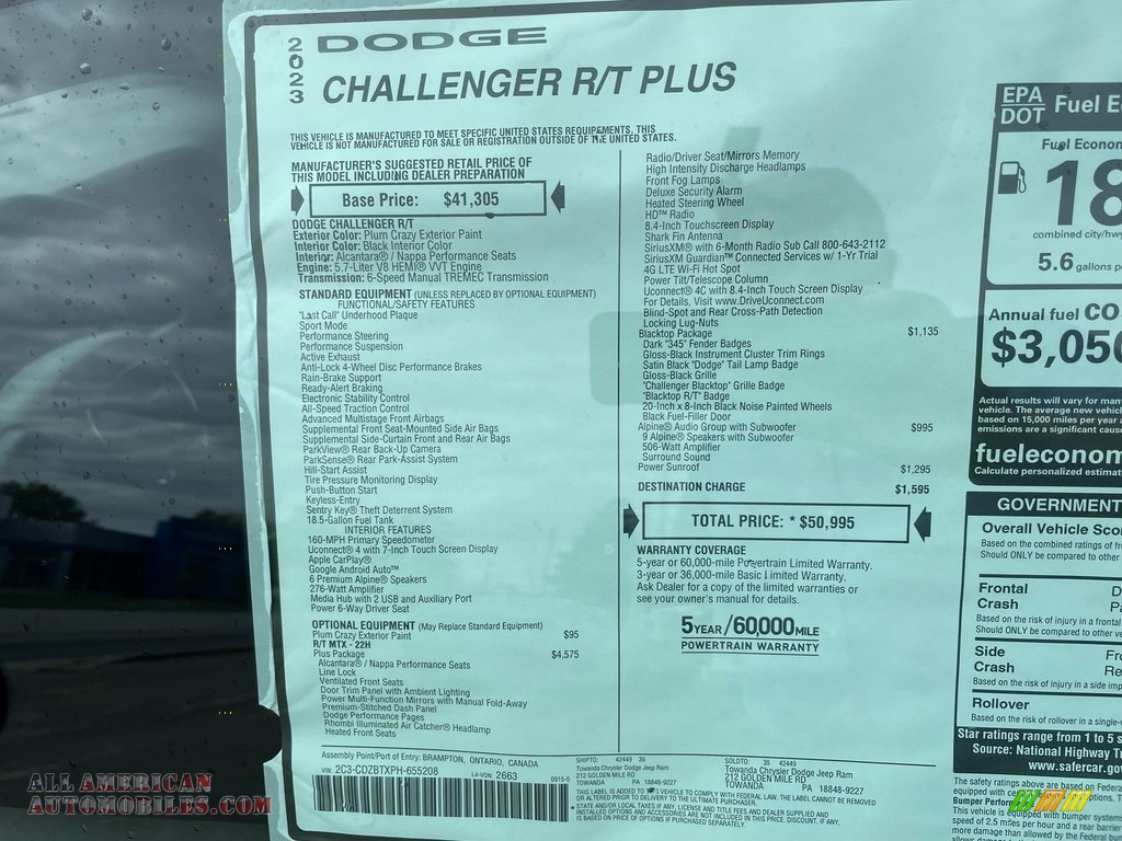 2023 Challenger R/T Plus - Plum Crazy Pearl / Black photo #21