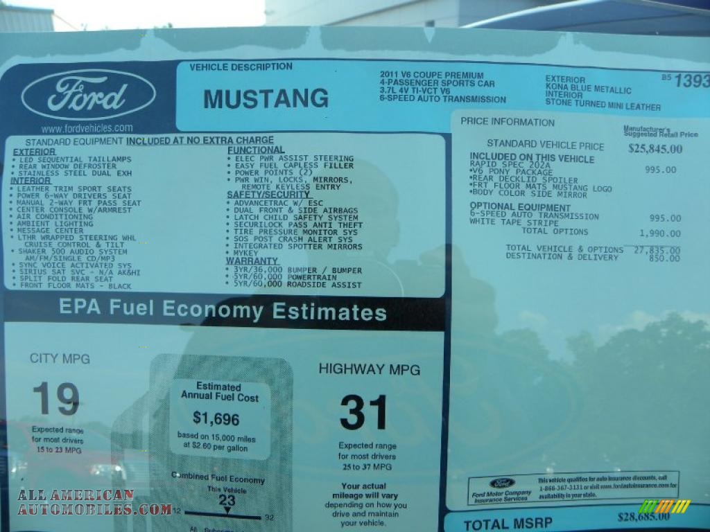 2011 Mustang V6 Premium Coupe - Kona Blue Metallic / Stone photo #8